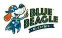 Cartoon beagle in superhero costume holding a screwdriver next to the text Blue Beagle Electric.