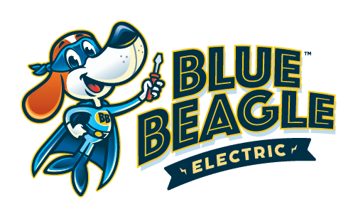 Cartoon beagle in superhero costume holding a screwdriver next to the text Blue Beagle Electric.