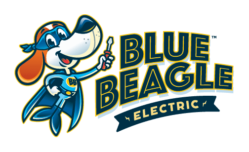 Cartoon beagle in superhero costume holding a screwdriver next to the text Blue Beagle Electric.